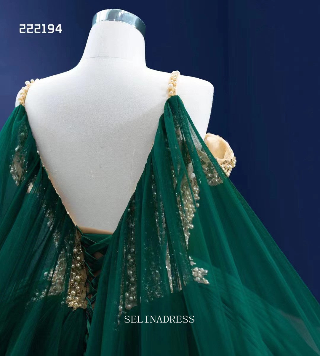 Spaghetti Straps Dark Green Prom Dress Ball Gown Beaded Pageant Dress SELINADRESS Spaghetti Straps Dark Green Prom Dress Ball Gown Beaded Pageant Dress SELINADRESS