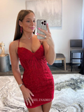 Spaghetti Straps Lace Appliqued Short Prom Dress Red Homecoming Dresses Hoco Dresses Pageant Dresses #TKL080|Selinadress