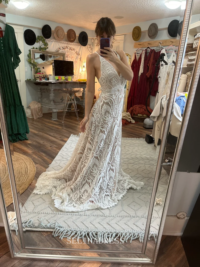 V neck Long Sleeve Lace Wedding Dresses Rustic Chiffon Wedding Dress SEW046 SELINADRESS V neck Long Sleeve Lace Wedding Dresses Rustic Chiffon Wedding Dress SEW046 SELINADRESS