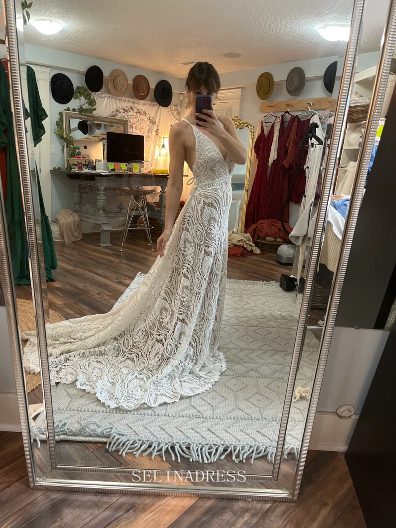 V neck Long Sleeve Lace Wedding Dresses Rustic Chiffon Wedding Dress SEW046 SELINADRESS V neck Long Sleeve Lace Wedding Dresses Rustic Chiffon Wedding Dress SEW046 SELINADRESS