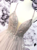 Spaghetti Straps Lace Long Prom Dress Gray Prom Dress Princess Formal Gowns SED014