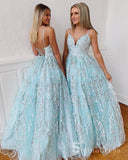 Spaghetti Straps Lace Prom Dresses Long Evening Gowns Mint Green Formal Dresses SED025