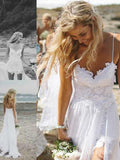 Spaghetti Straps Lace Wedding Dresses Beach Chiffon White Wedding Dress SEW045