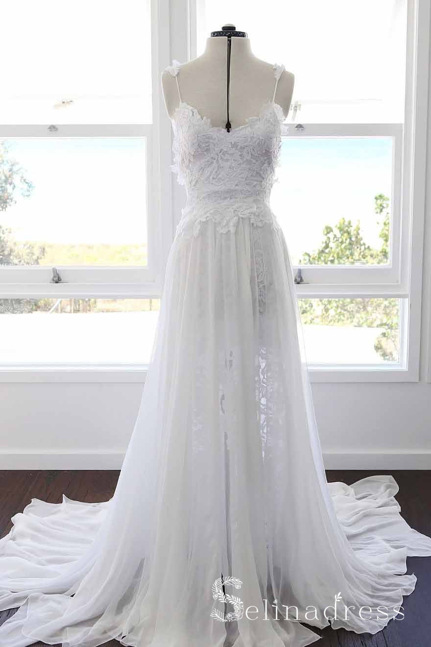Spaghetti Straps Lace Wedding Dresses Beach Chiffon White Wedding Dress SEW045 SELINADRESS Spaghetti Straps Lace Wedding Dresses Beach Chiffon White Wedding Dress SEW045 SELINADRESS