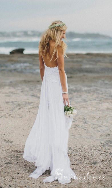 Spaghetti Straps Lace Wedding Dresses Beach Chiffon White Wedding Dress SEW045 Spaghetti Straps Lace Wedding Dresses Beach Chiffon White Wedding Dress SEW045