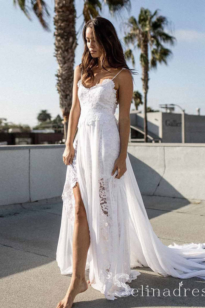 one strap beach wedding dress Fashion Lace Tulle Spaghetti Strap Backless Beach Wedding Dresses, AB1   AlineBridal