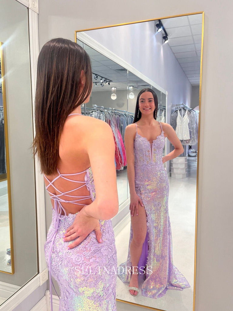 Spaghetti Straps Lilac Lace Long Prom Dress Modest Party Dress Evening –  SELINADRESS
