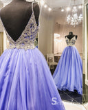 Spaghetti Straps Lilac Long Prom Dress Backless Beaded Prom Dress Evening Dress SED017