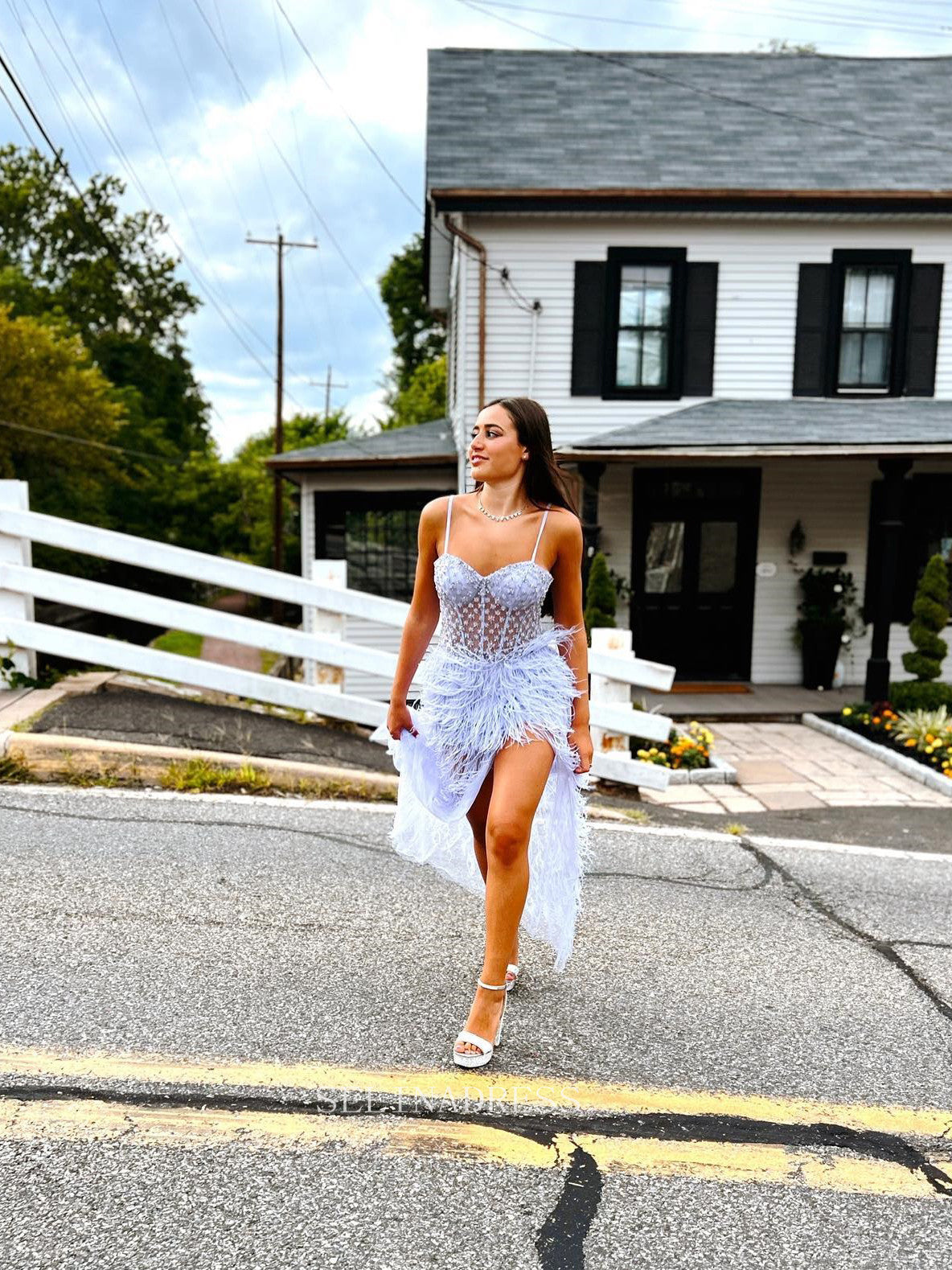 Spaghetti Straps Lilac Prom Dress A-line Feather Beaded Long Formal Dr SELINADRESS Spaghetti Straps Lilac Prom Dress A-line Feather Beaded Long Formal Dr SELINADRESS