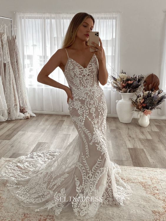 Spaghetti Straps Mermaid Boho Wedding Dresses Rustic Lace Wedding Dress KPY062