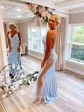 Spaghetti Straps Mermaid Prom Dress Blue Long Formal Dresses Sexy Evening Dress KPY048|Selinadress