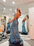 Spaghetti Straps Mermaid Sequins Long Prom Dress Sparkly Blue Formal Dresses Evening Dress KPY029|Selinadress