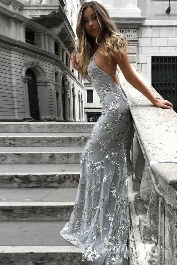 Spaghetti Straps Mermaid Silver Long Prom Dress Sequins Sparkly Evenin – SELINADRESS