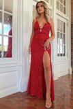 Spaghetti Straps Red Prom Dress Sequins Cheap Evening Dresses With Slit #QWE018|Selinadress