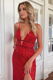 Spaghetti Straps Red Prom Dress Sequins Cheap Evening Dresses With Slit #QWE018|Selinadress