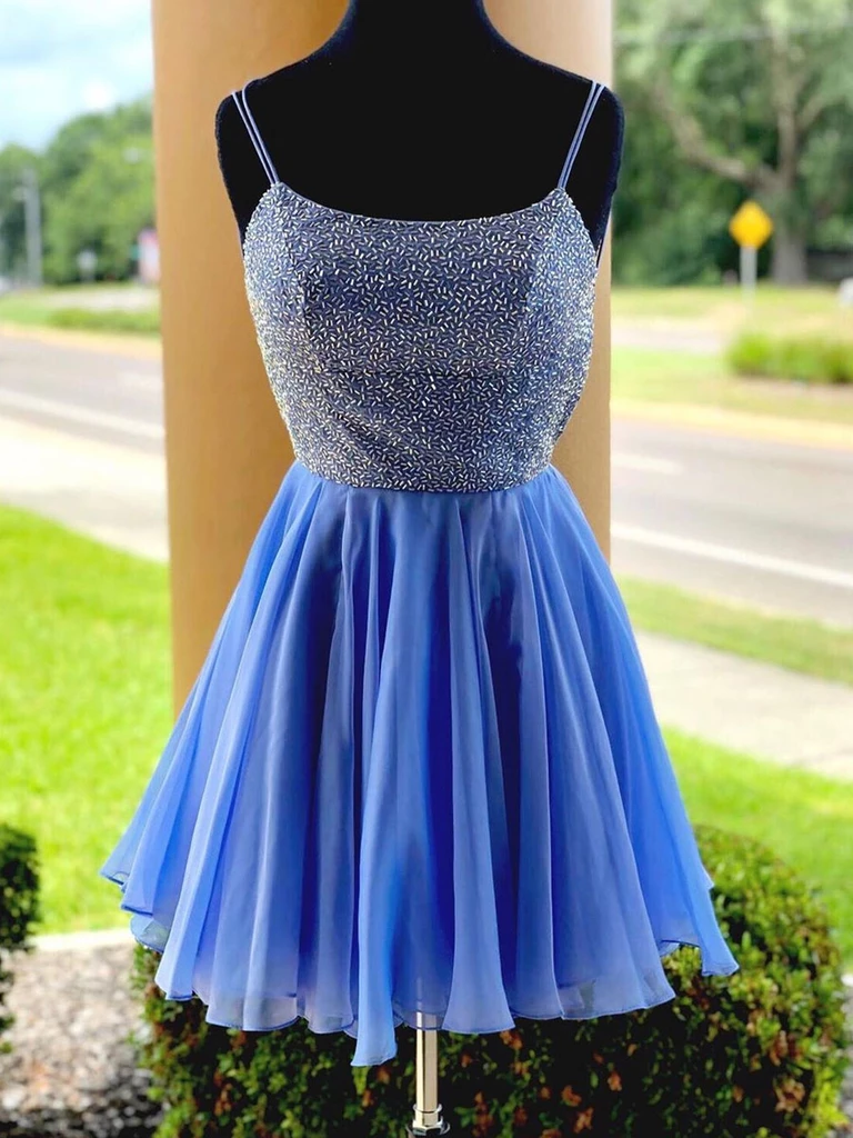 Spaghetti Straps Scoop Beaded Blue Chiffon Homecoming Dress #MHL081 Spaghetti Straps Scoop Beaded Blue Chiffon Homecoming Dress #MHL081