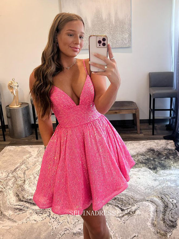 Spaghetti Straps V neck Pink Homecoming Dresses Sequins Sparkly Short Prom Dress Cocktail Dresses #TKL087|Selinadress