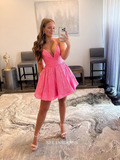 Spaghetti Straps V neck Pink Homecoming Dresses Sequins Sparkly Short Prom Dress Cocktail Dresses #TKL087|Selinadress