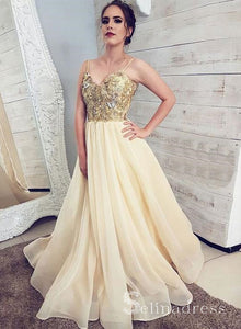 Sparkly Gold Spaghetti Straps Long Prom Dress Sequins Champagne Long Formal Dress SED124|Selinadress