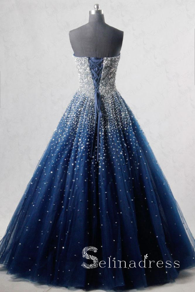 Sparkly Prom Dresses A-line Strapless Dark Navy Rhinestone Long Beauti SELINADRESS Sparkly Prom Dresses A-line Strapless Dark Navy Rhinestone Long Beauti SELINADRESS