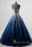 Sparkly Prom Dresses A-line Strapless Dark Navy Rhinestone Long Beautiful Prom Dress SED131