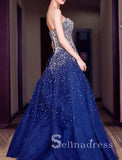 Sparkly Prom Dresses A-line Strapless Dark Navy Rhinestone Long Beautiful Prom Dress SED131
