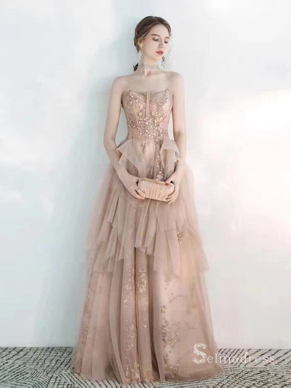 Strapless Beaded Cheap Beautiful Prom Dresses Long Formal Dresses SC006