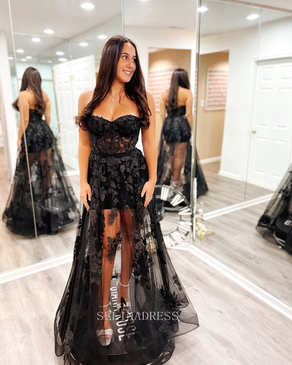 Strapless Black long Prom Dress A-line Tulle Applique Cheap Formal Dresses KPY002|Selinadress
