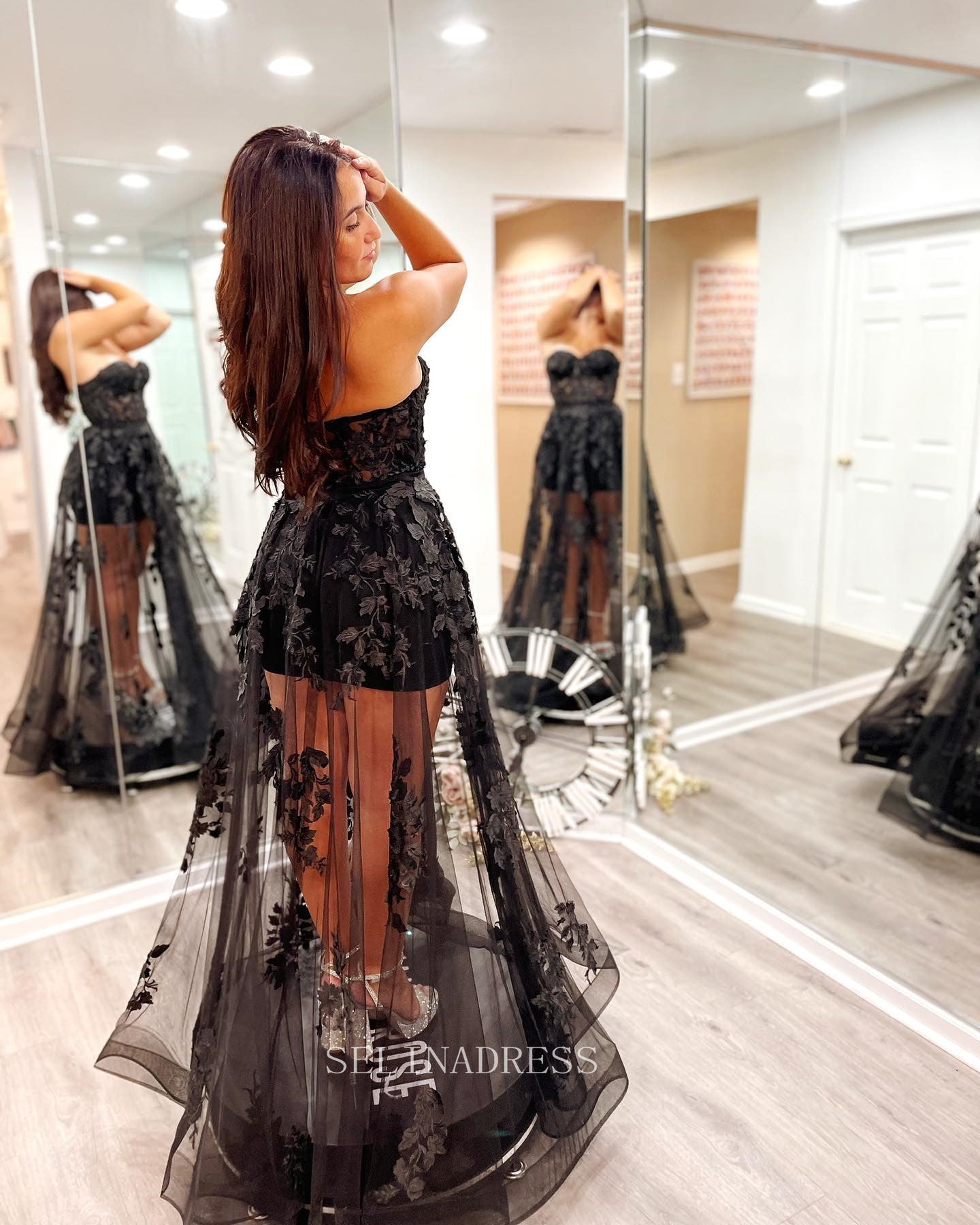 Strapless Black long Prom Dress A-line Tulle Applique Cheap Formal Dre SELINADRESS Strapless Black long Prom Dress A-line Tulle Applique Cheap Formal Dre SELINADRESS