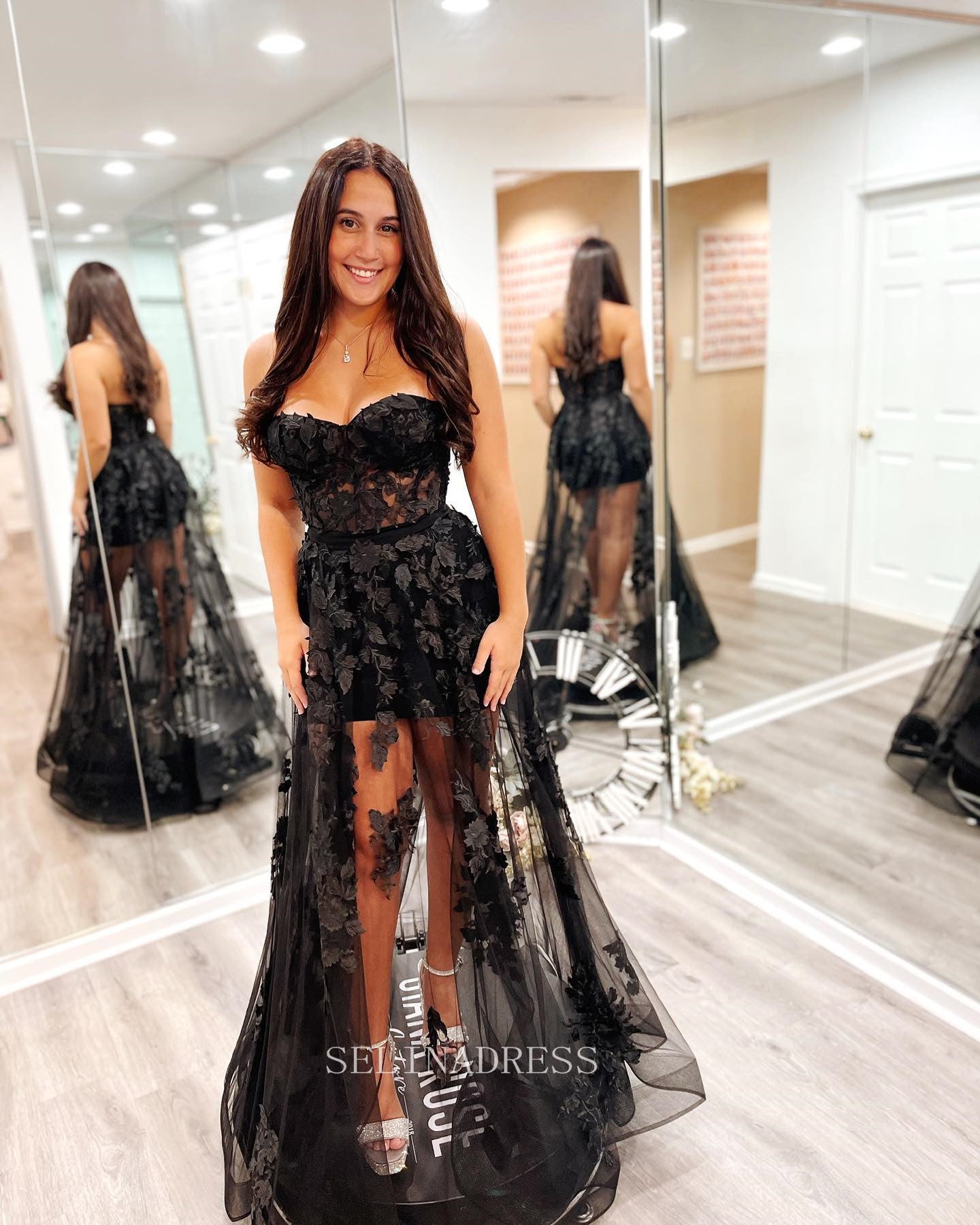 Strapless Black long Prom Dress A-line Tulle Applique Cheap Formal Dre SELINADRESS Strapless Black long Prom Dress A-line Tulle Applique Cheap Formal Dre SELINADRESS