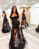 Strapless Black long Prom Dress A-line Tulle Applique Cheap Formal Dresses KPY002|Selinadress
