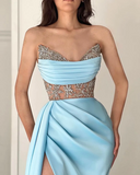 Strapless Mermaid Blue Prom Dress Sleeveless Satin Cheap Evening Gowns #POL026|Selinadress