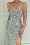 Strapless Mermaid Silver Prom Dress Sparkly Sequins Cheap Evening Gowns #POL028