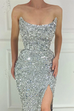 Strapless Mermaid Silver Prom Dress Sparkly Sequins Cheap Evening Gowns #POL028