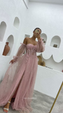 Strapless Pink Long Prom Dresses Tulle Long Puff Sleeve Evening Dresses Bridsmaid Dress POL020|Selinadress