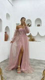 Strapless Pink Long Prom Dresses Tulle Long Puff Sleeve Evening Dresses Bridsmaid Dress POL020|Selinadress