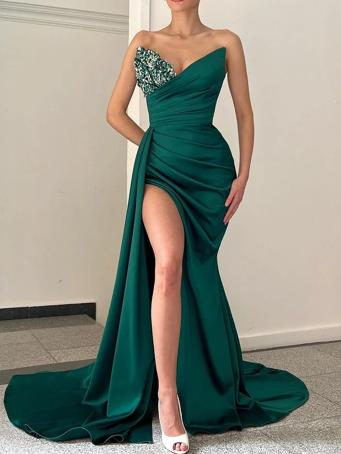 Strapless V neck Mermaid Prom Dress Satin Dark Green Cheap Evening Gow SELINADRESS Strapless V neck Mermaid Prom Dress Satin Dark Green Cheap Evening Gow SELINADRESS