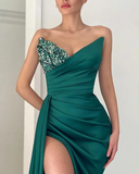 Strapless V neck Mermaid Prom Dress Satin Dark Green Cheap Evening Gowns #POL027|Selinadress