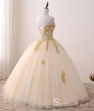 Sweetheart Ball Gown Princess Long Prom Dresses Gold Formal Gowns Evening Dress SED025