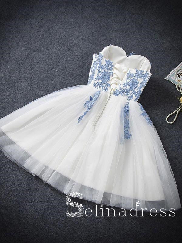 Sweetheart Elegant Homecoming Dress Tulle Blue Appliqued?Short Prom Dress On Sale HML004 Sweetheart Elegant Homecoming Dress Tulle Blue Appliqued?Short Prom Dress On Sale HML004