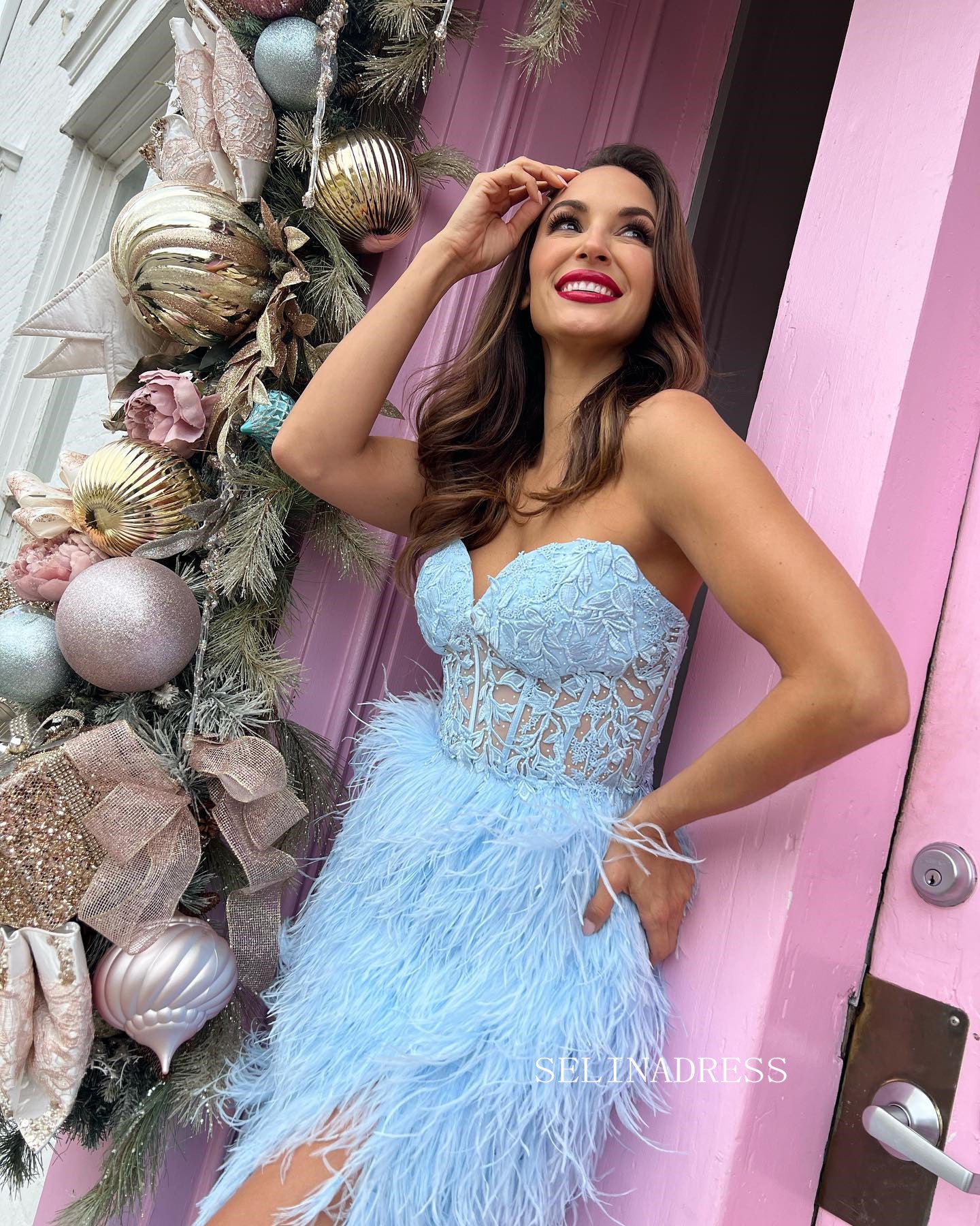 Sweetheart Lace Feather Long Prom Dress Elegant Pagaent Dress Evening SELINADRESS Sweetheart Lace Feather Long Prom Dress Elegant Pagaent Dress Evening SELINADRESS