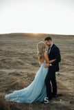 Thigh Split Sky Blue Rustic Wedding Dresses Prom Dress Beach Wedding Gown with Court Train SE009|Selinadress