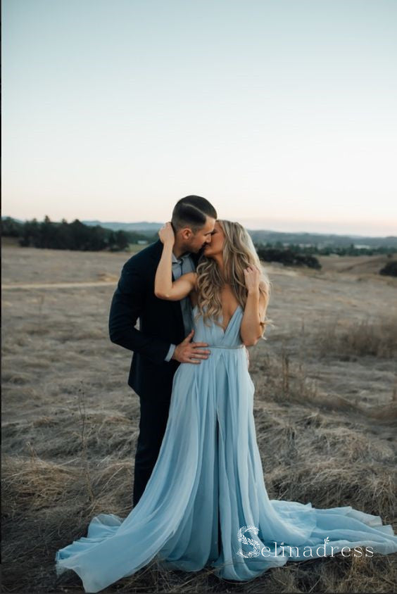 Thigh Split Sky Blue Rustic Wedding Dresses Prom Dress Beach Wedding Gown with Court Train SE009 Thigh Split Sky Blue Rustic Wedding Dresses Prom Dress Beach Wedding Gown with Court Train SE009