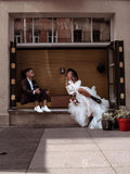 Two Piece A-line Long Sleeve Rustic Wedding Dresses White Tulle Bridal Gowns MLH006|Selinadress