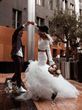 Two Piece A-line Long Sleeve Rustic Wedding Dresses White Tulle Bridal Gowns MLH006|Selinadress