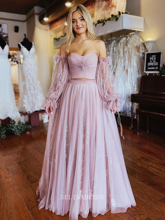 Two Piece Dusty Pink Long Prom Dress Puff Sleeve Formal Dresses Evenin