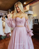 Two Piece Dusty Pink Long Prom Dress Puff Sleeve Formal Dresses Evening Dress KPY057|Selinadress