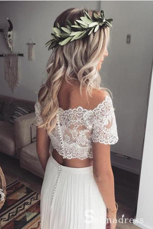 Two Piece Wedding Dresses Off-the-shoulder Short Sleeve Lace Wedding G –  SELINADRESS