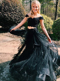 Two Pieces A-line Prom Dress Off-the-shoulder Black Elegant Lace Prom Dresses/Evening Dress SE003