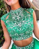 Two Pieces Cap Sleeve Green Beaded Homecoming Dress Short Prom Dresses MHL111